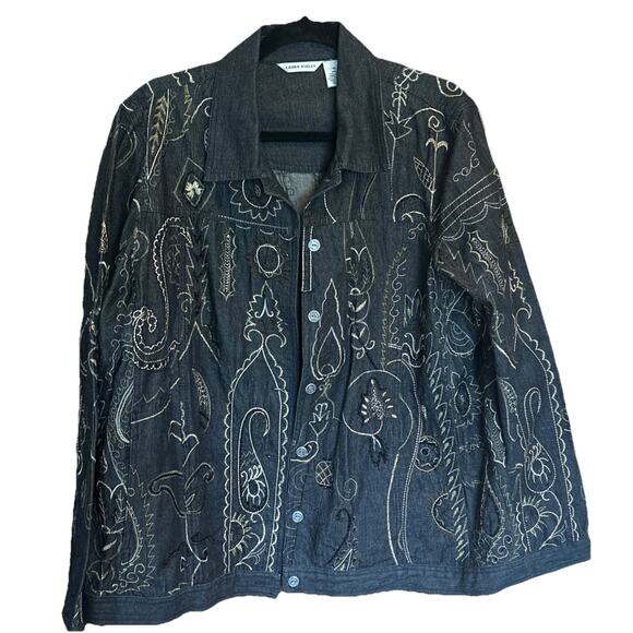 Vtg Y2K Laura Ashley Black Denim Boho Embroidered Sequence Button Up Jacket XL - Picture 1 of 5